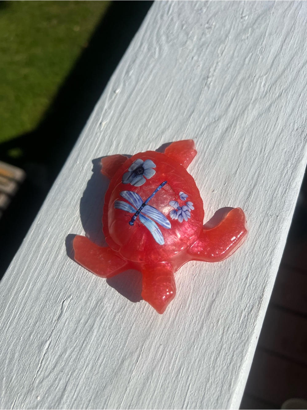 Handmade Red Resin Turtle Figurine with Blue Floral Accent